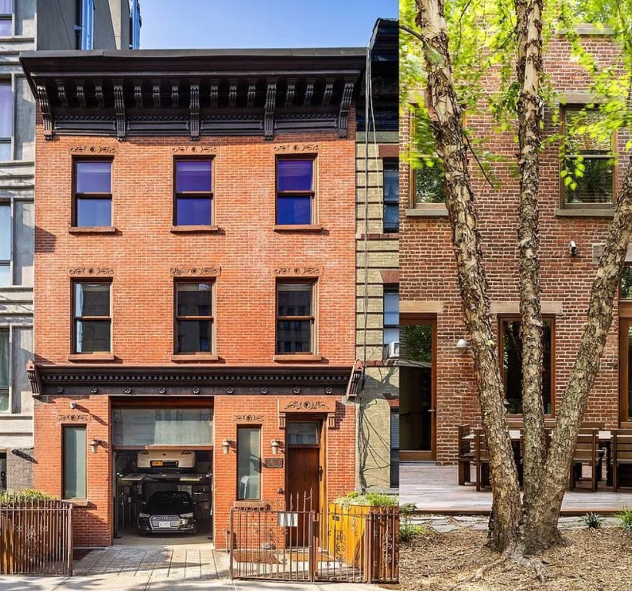 Exterior of 497 Saint Johns Place showing the garage and the brick backyard